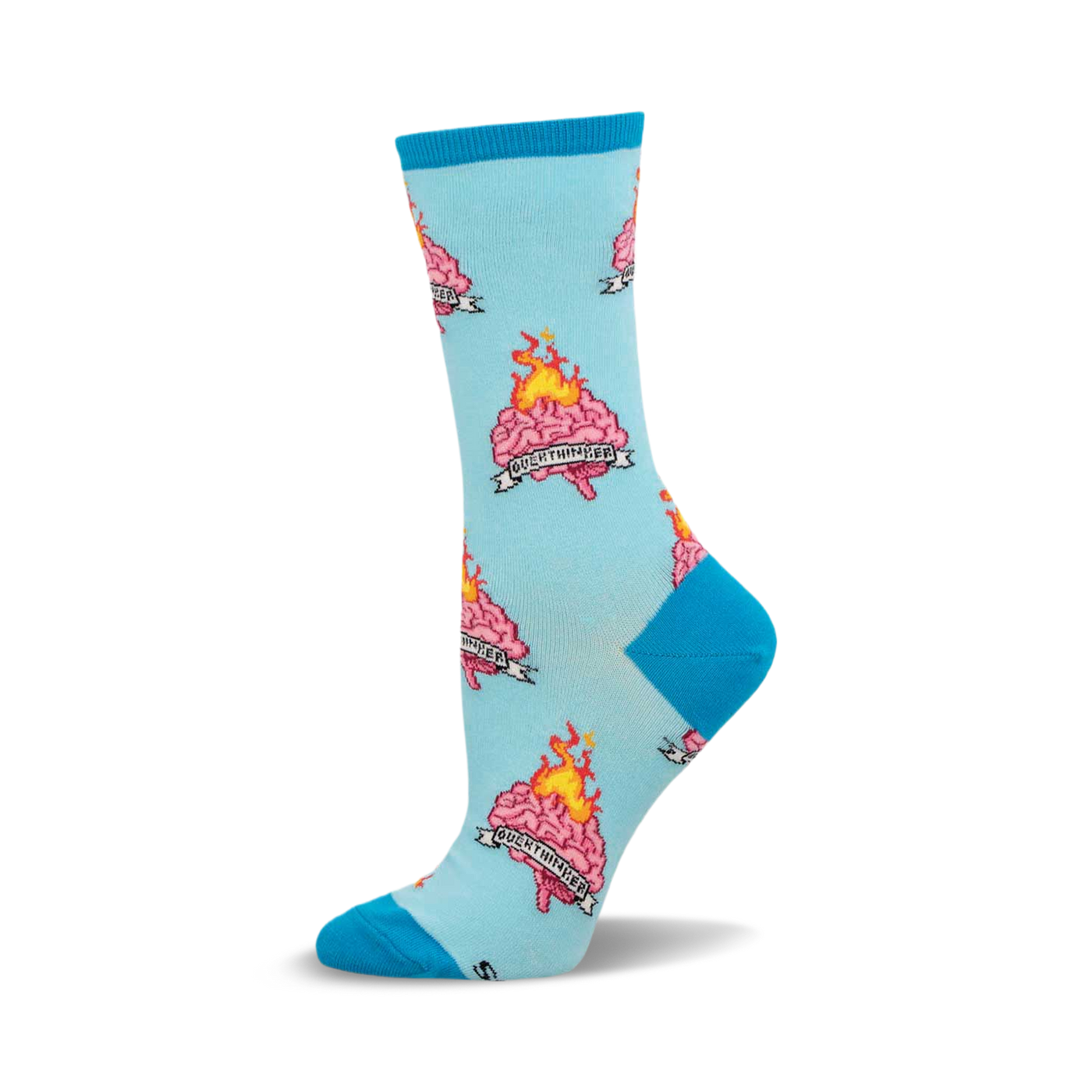Crew socks in light blue and teal, featuring a repeating pattern of pixelated brains on fire with a banner reading 'Overthinker'.