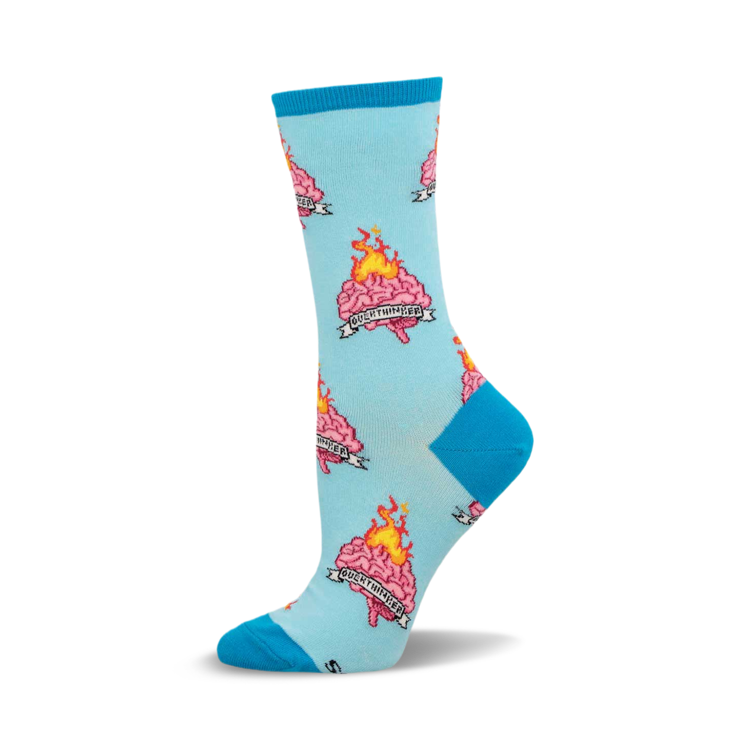 Crew socks in light blue and teal, featuring a repeating pattern of pixelated brains on fire with a banner reading 'Overthinker'.