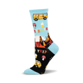 Crew socks in teal and black, showcasing a road trip theme with illustrations of a yellow van, ice cream cones, mushrooms, and desert scenery.