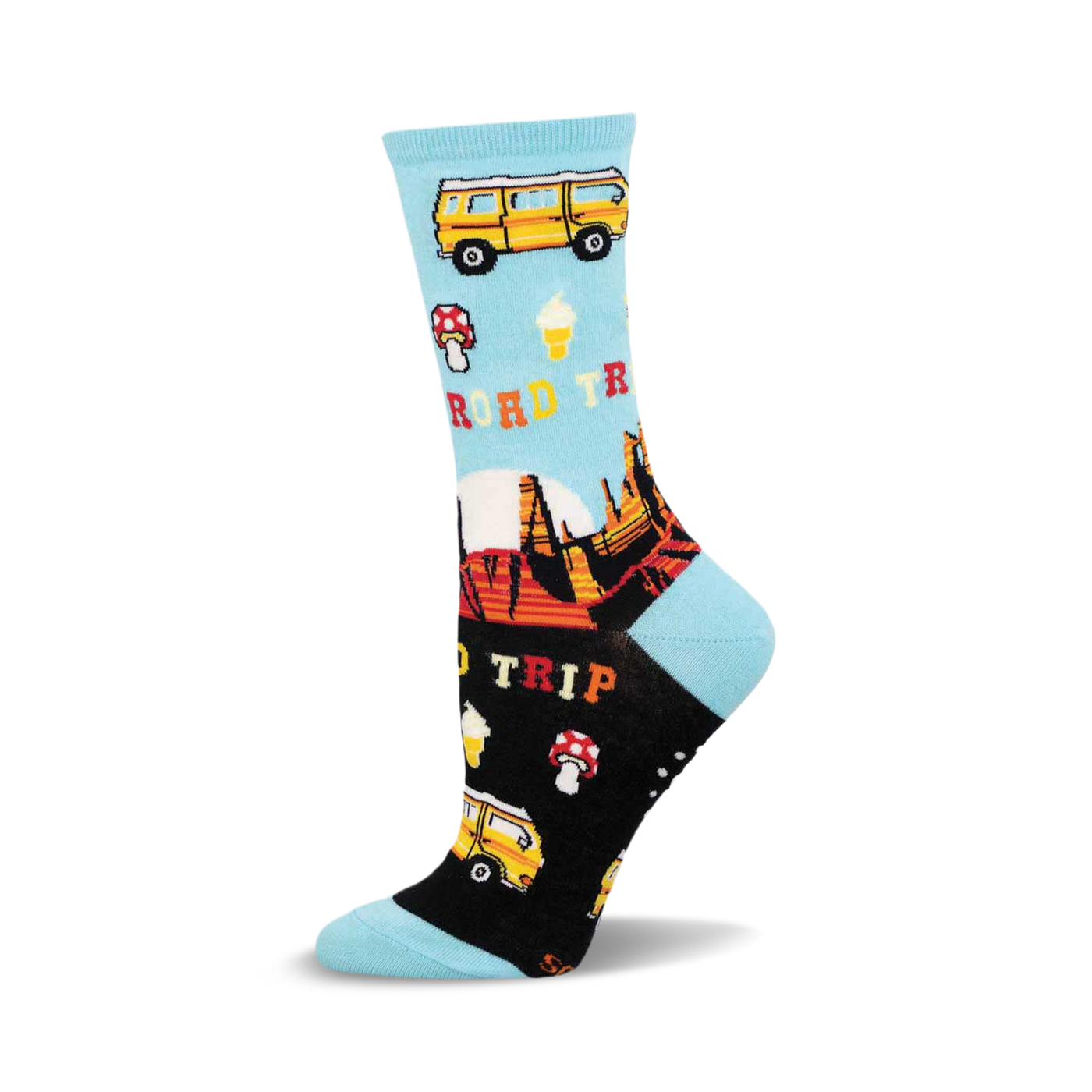 Crew socks in teal and black, showcasing a road trip theme with illustrations of a yellow van, ice cream cones, mushrooms, and desert scenery.