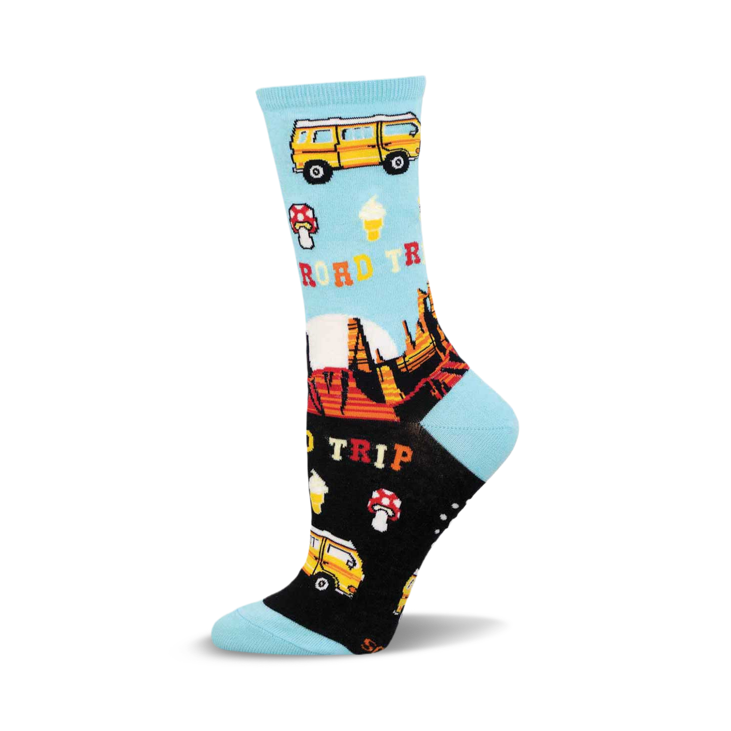 Crew socks in teal and black, showcasing a road trip theme with illustrations of a yellow van, ice cream cones, mushrooms, and desert scenery.