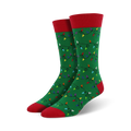 A pair of green crew socks adorned with a whimsical pattern of colorful Christmas lights. Red accents on the cuffs and toes add a festive touch.