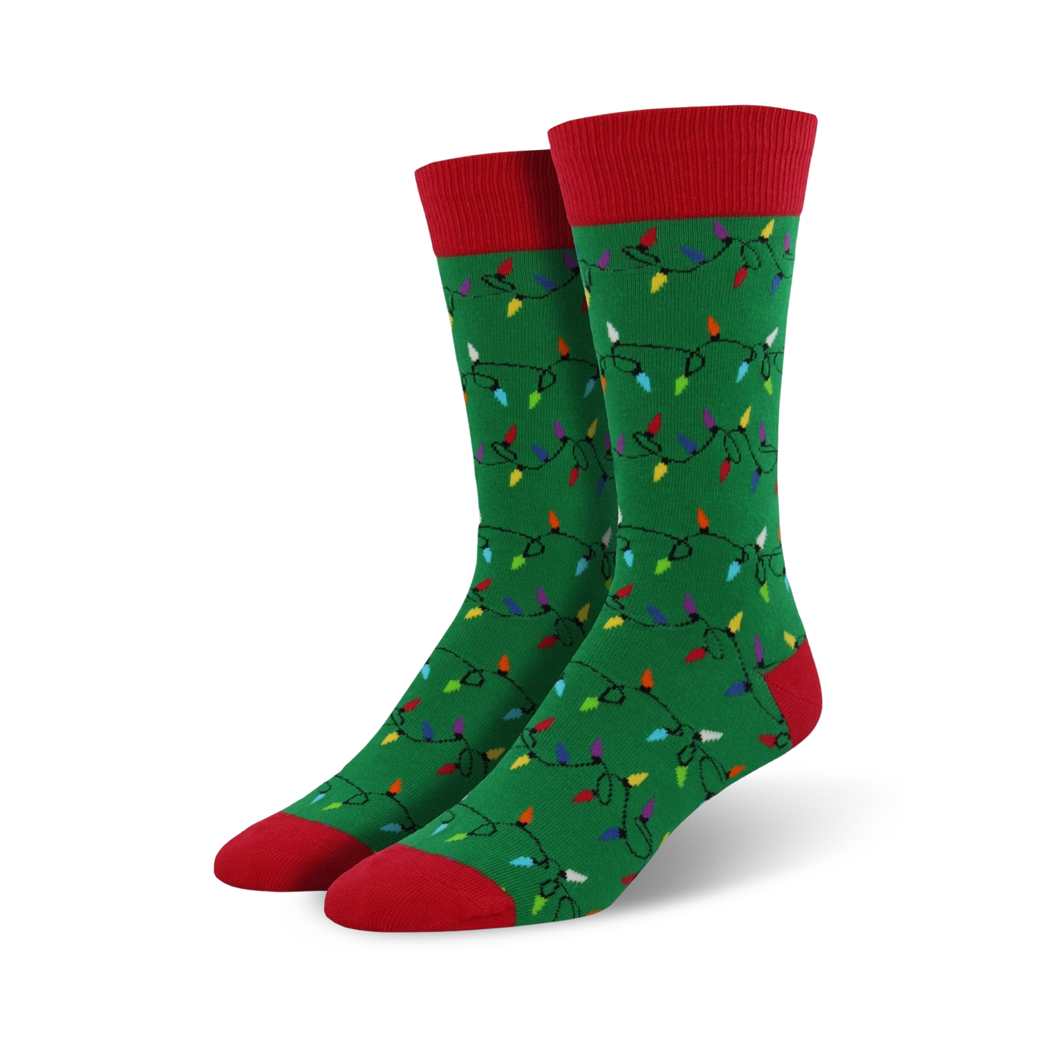 A pair of green crew socks adorned with a whimsical pattern of colorful Christmas lights. Red accents on the cuffs and toes add a festive touch.