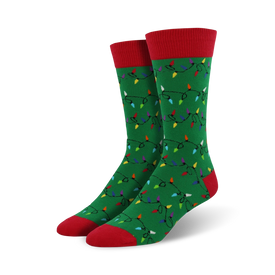 mens dark green crew socks with red toes/heels; multi-colored christmas lights  