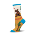 Cream, tan, and teal crew socks featuring a cartoon bear drinking wine, California redwoods, and the California Republic star.