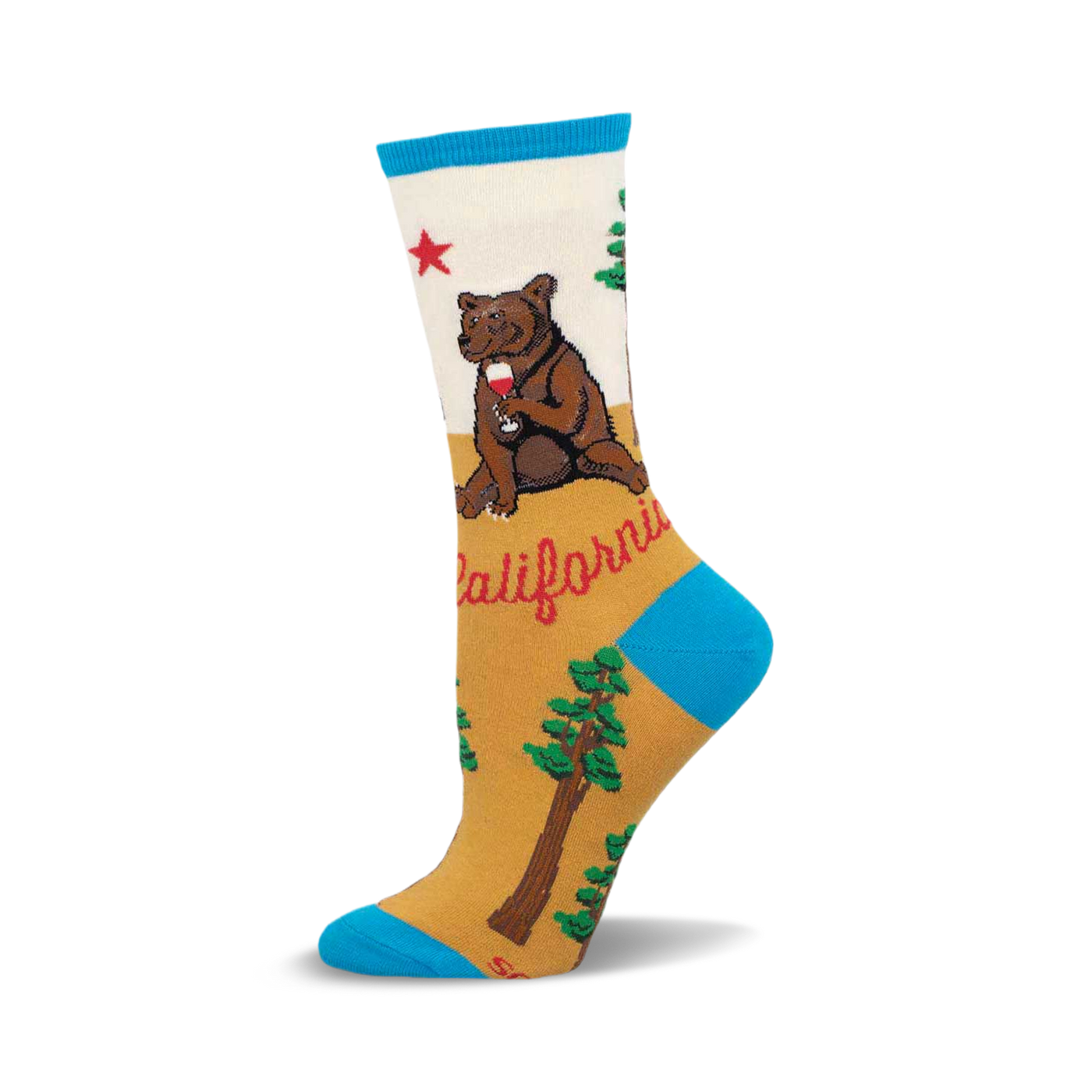 Cream, tan, and teal crew socks featuring a cartoon bear drinking wine, California redwoods, and the California Republic star.