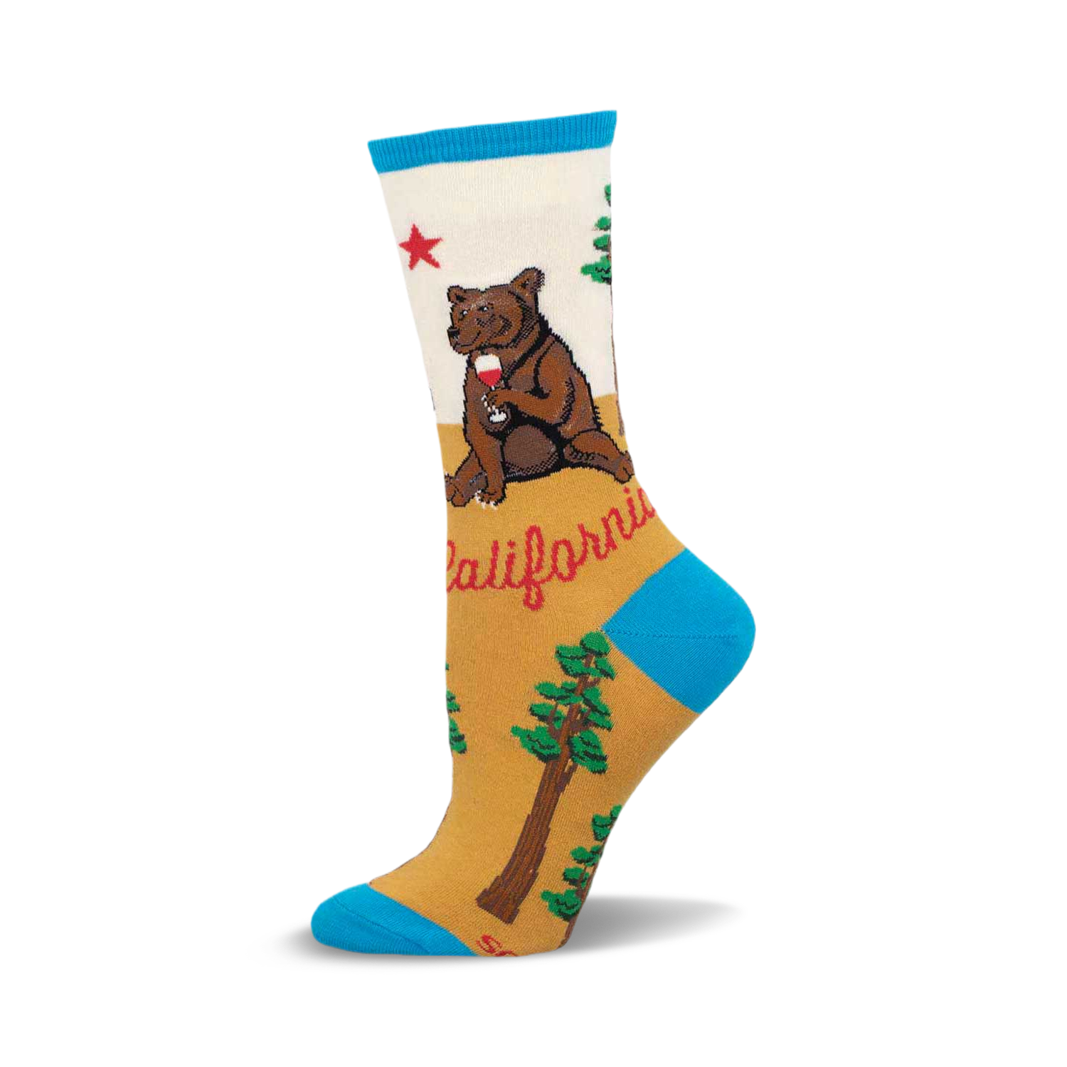 Cream, tan, and teal crew socks featuring a cartoon bear drinking wine, California redwoods, and the California Republic star.