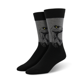 crew socks with a gray raptor design on a black background.  