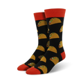 Pair of black crew socks with colorful taco illustrations. Red and orange accents on the cuffs.