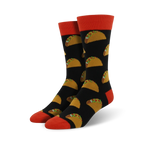 Pair of black crew socks with colorful taco illustrations. Red and orange accents on the cuffs.