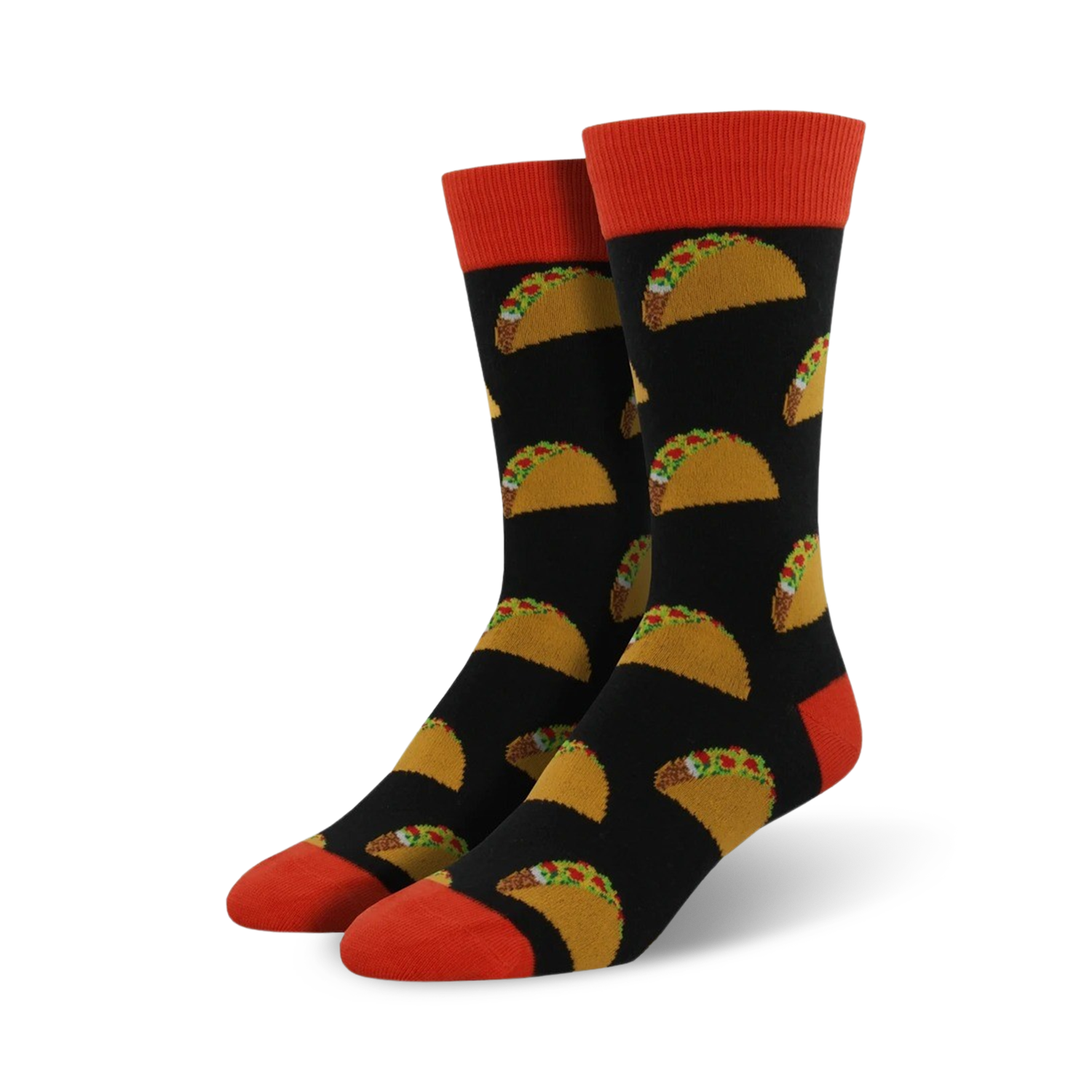 Pair of black crew socks with colorful taco illustrations. Red and orange accents on the cuffs.