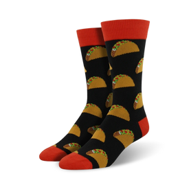 black crew socks feature fun cartoon tacos with hard shells, ground beef, lettuce, tomato, cheese, & red sauce.  