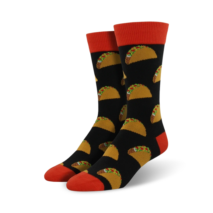 black crew socks feature fun cartoon tacos with hard shells, ground beef, lettuce, tomato, cheese, & red sauce.  