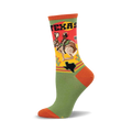 Crew socks in green, orange, and yellow, featuring a retro illustration of a woman riding a jackrabbit across the state of Texas.
