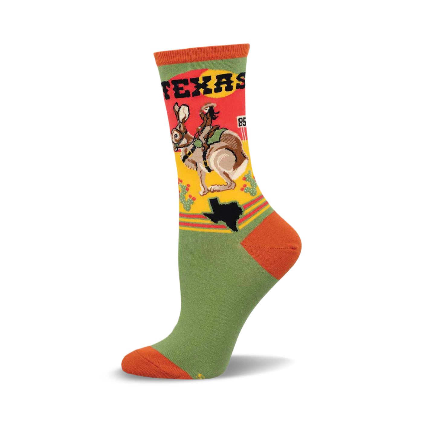 Crew socks in green, orange, and yellow, featuring a retro illustration of a woman riding a jackrabbit across the state of Texas.