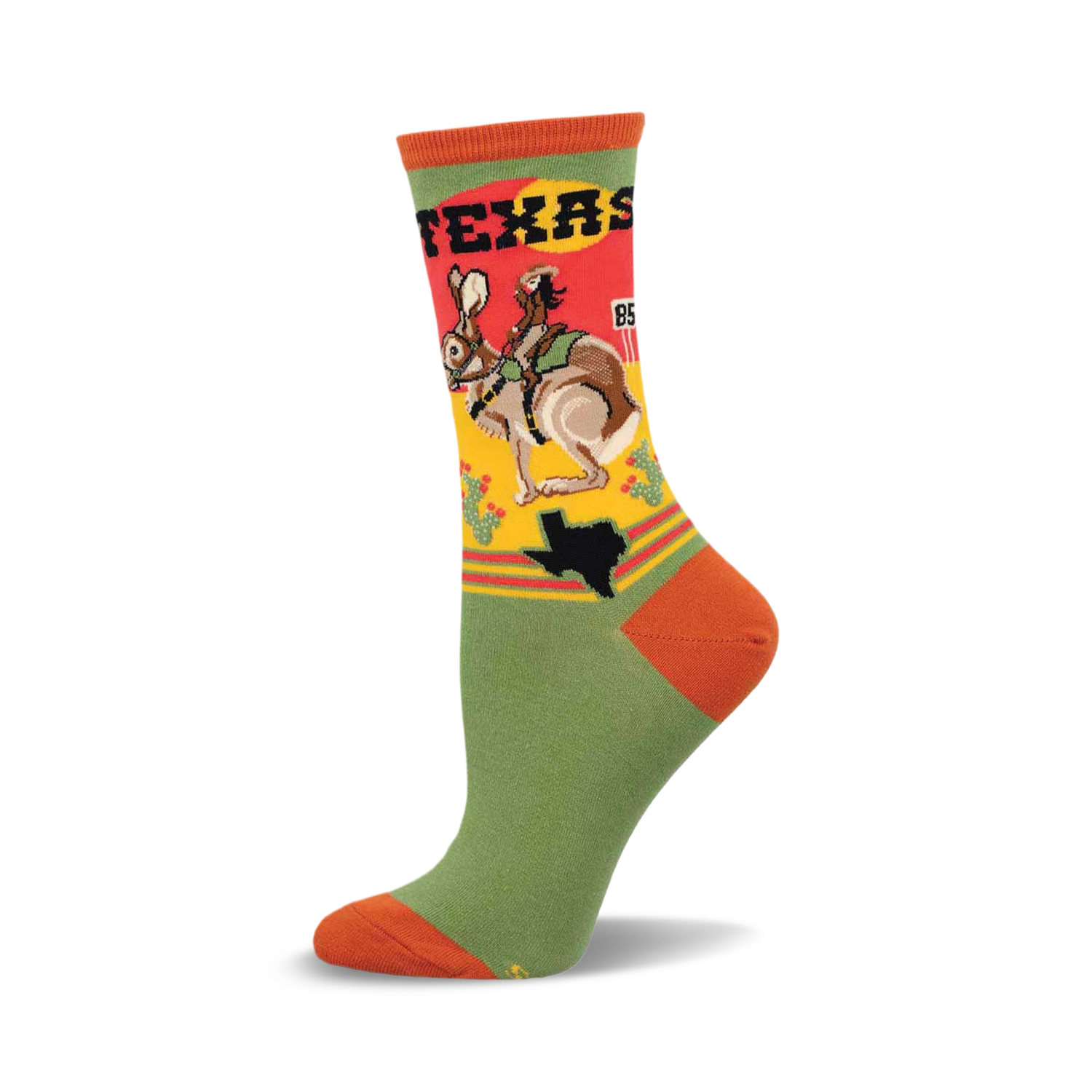Crew socks in green, orange, and yellow, featuring a retro illustration of a woman riding a jackrabbit across the state of Texas.