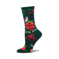A crew sock in dark green with red roses, a bluebird, and 'The Empire State' on an orange slice.  A fun, patriotic design.