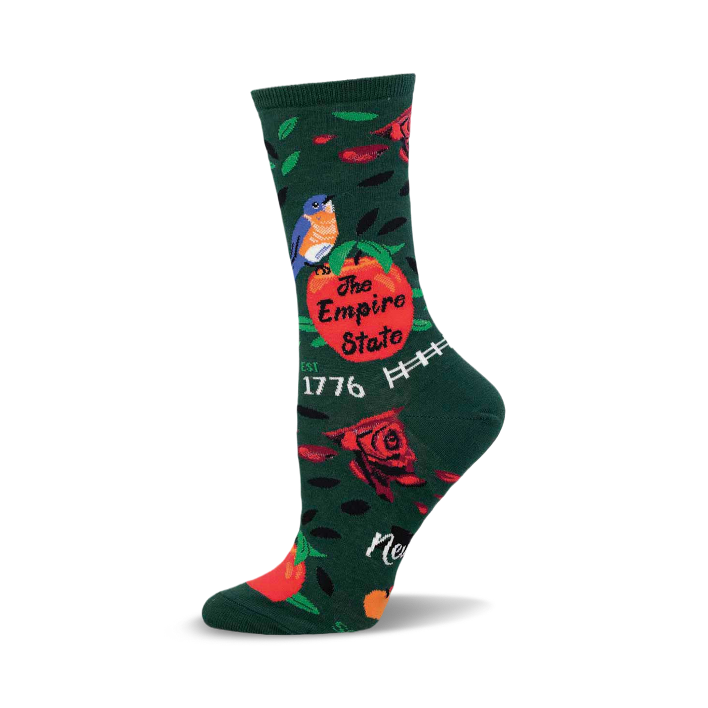A crew sock in dark green with red roses, a bluebird, and 'The Empire State' on an orange slice.  A fun, patriotic design.
