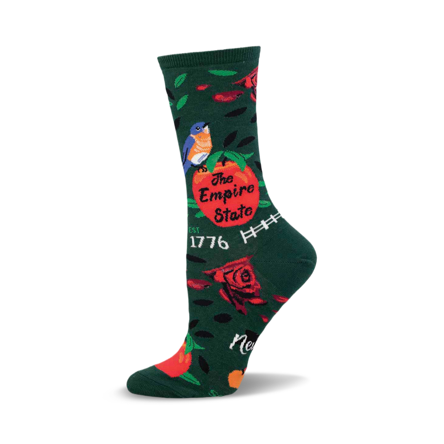 A crew sock in dark green with red roses, a bluebird, and 'The Empire State' on an orange slice.  A fun, patriotic design.