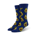 Pair of crew socks with a repeating avocado print.  The socks are available in blue and brown.