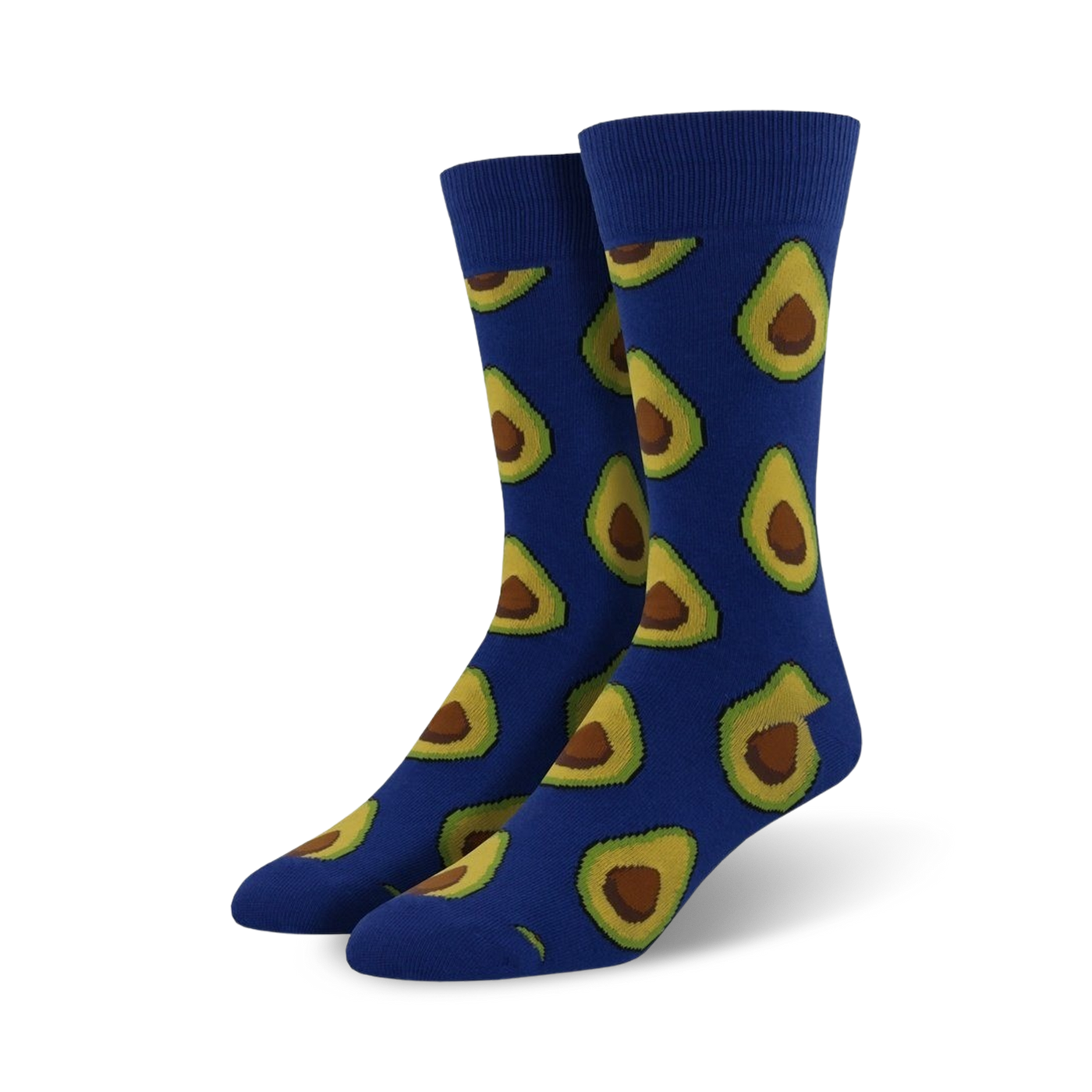 Pair of crew socks with a repeating avocado print.  The socks are available in blue and brown.