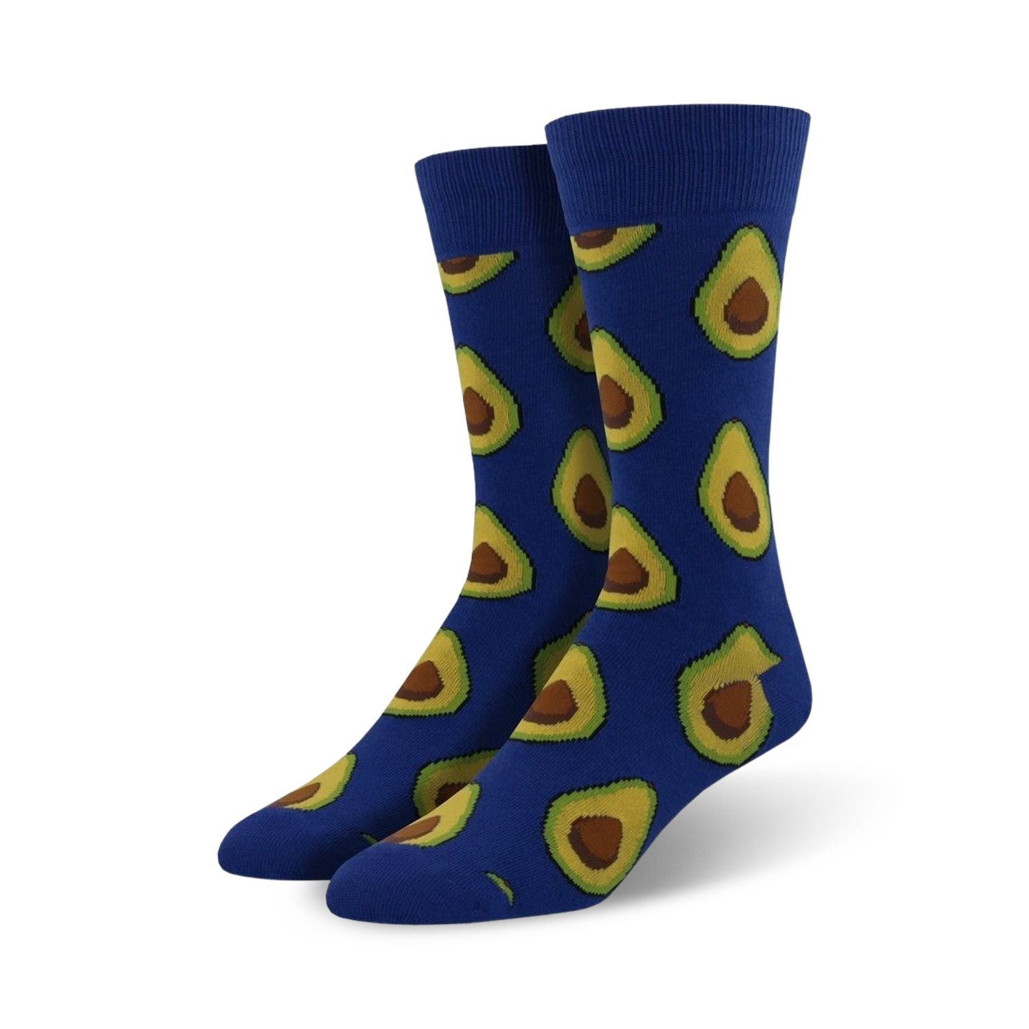 Pair of crew socks with a repeating avocado print.  The socks are available in blue and brown.