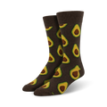 Close-up of brown crew socks with an avocado pattern, showing the fabric texture and print detail.
