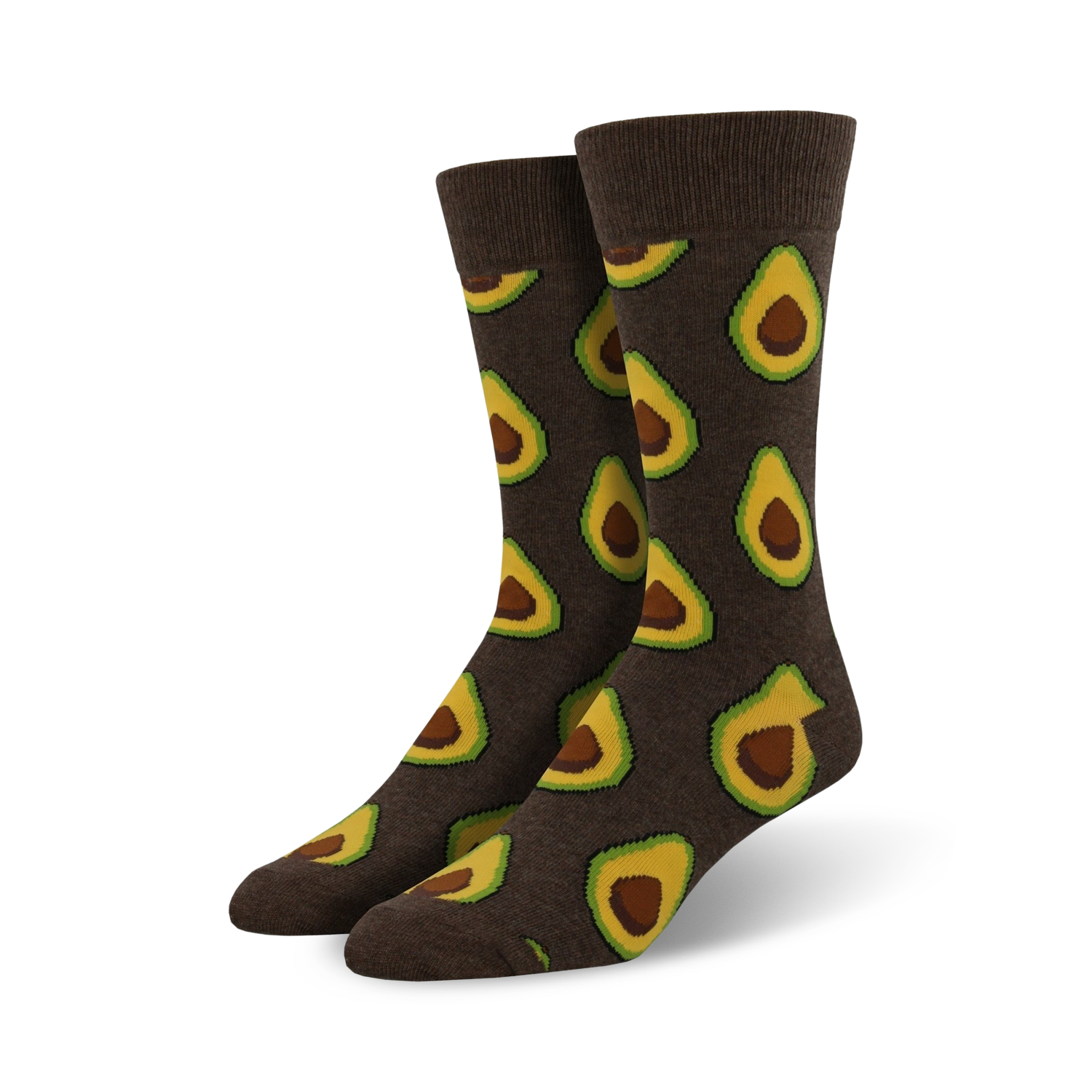 Close-up of brown crew socks with an avocado pattern, showing the fabric texture and print detail.