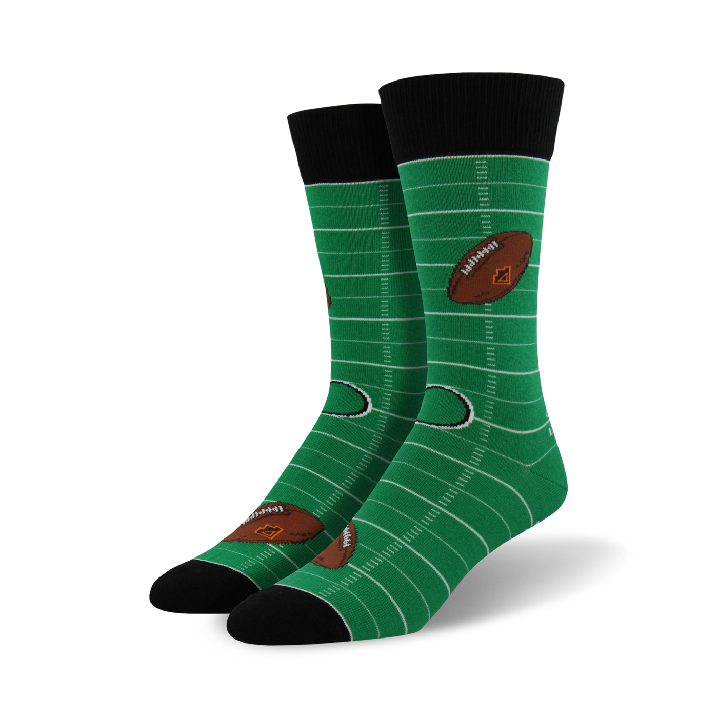 Pair of green crew socks with a football field design and brown football graphics. Black cuff.