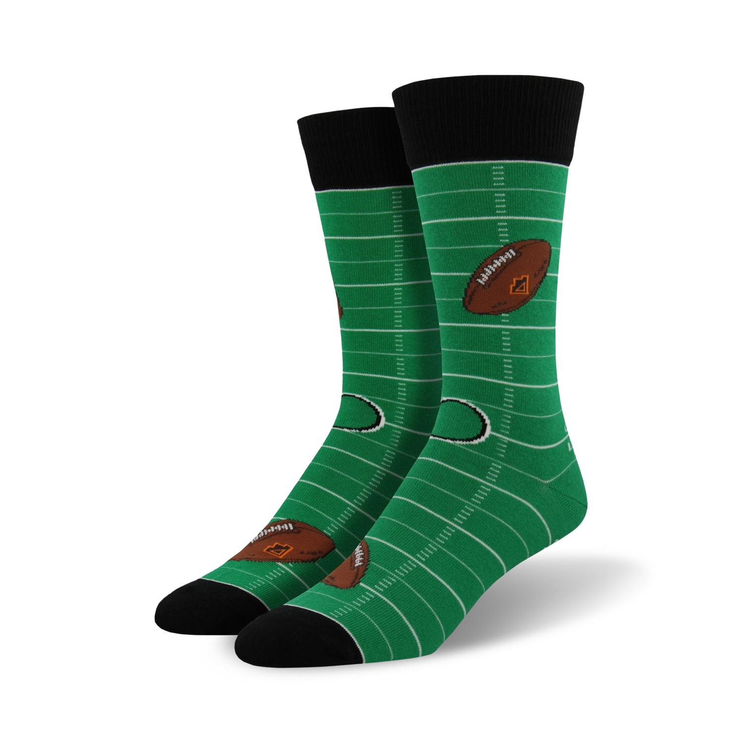 Pair of green crew socks with a football field design and brown football graphics. Black cuff.