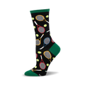 Crew socks showcasing a fun tennis-themed design.  Black background with colorful tennis rackets and green tennis balls.