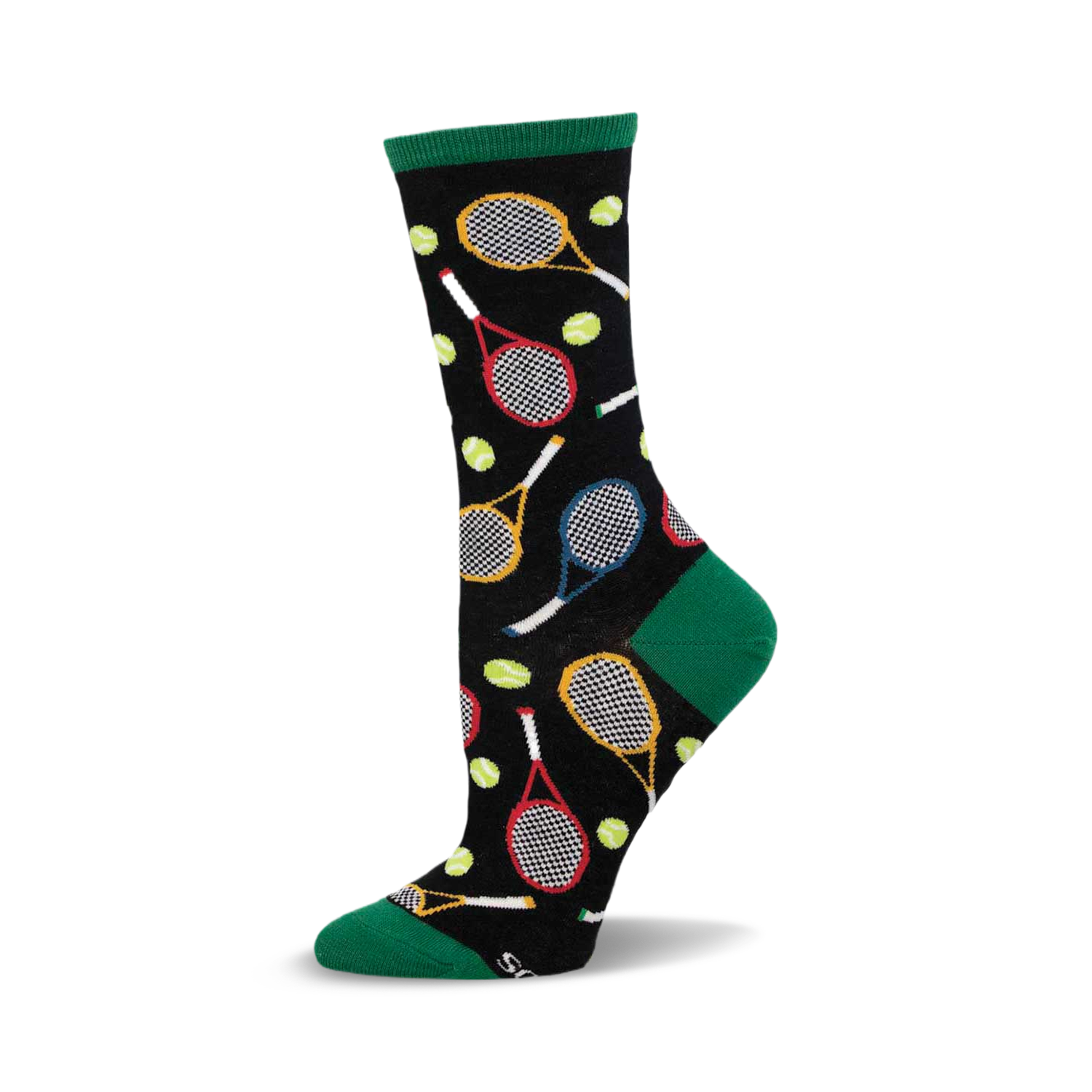 Crew socks showcasing a fun tennis-themed design.  Black background with colorful tennis rackets and green tennis balls.