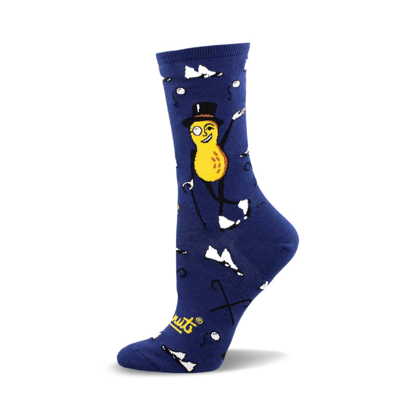 A side view of a blue crew sock featuring Mr. Peanut in a top hat and monocle.  White paper airplanes and canes decorate the sock.