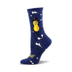 A side view of a blue crew sock featuring Mr. Peanut in a top hat and monocle.  White paper airplanes and canes decorate the sock.