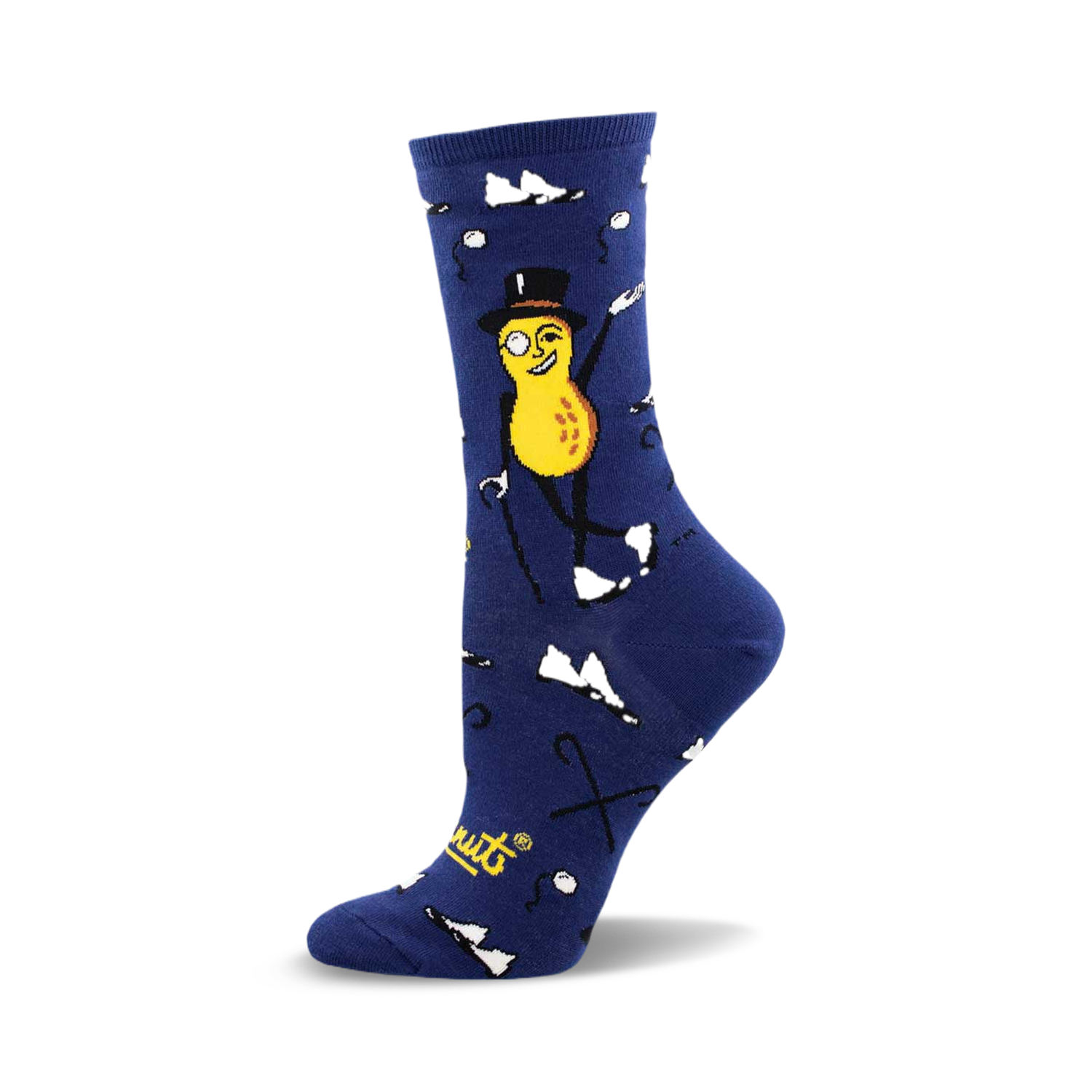 A side view of a blue crew sock featuring Mr. Peanut in a top hat and monocle.  White paper airplanes and canes decorate the sock.