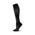 Knee-high socks in black with a silver spiderweb and spider design.  A perfect Halloween accessory!