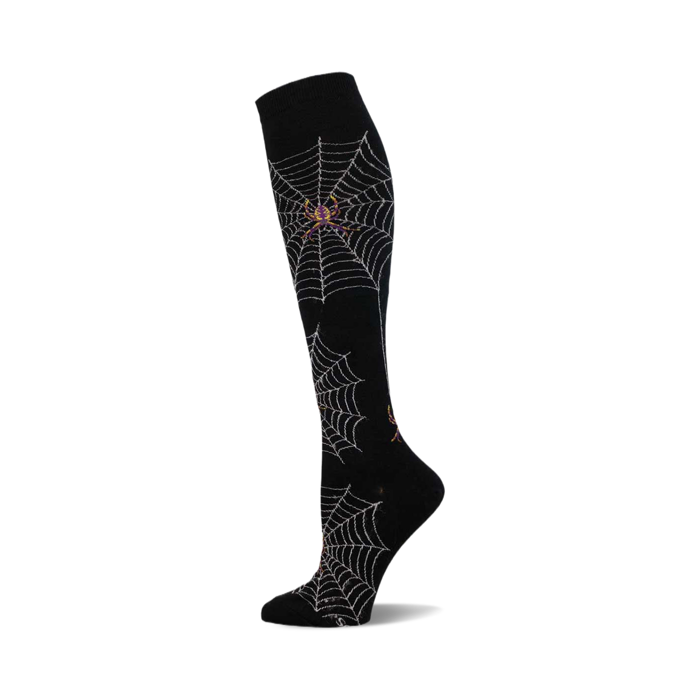 Knee-high socks in black with a silver spiderweb and spider design.  A perfect Halloween accessory!