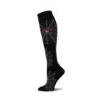Knee-high socks in black with a silver spiderweb and spider design.  A perfect Halloween accessory!