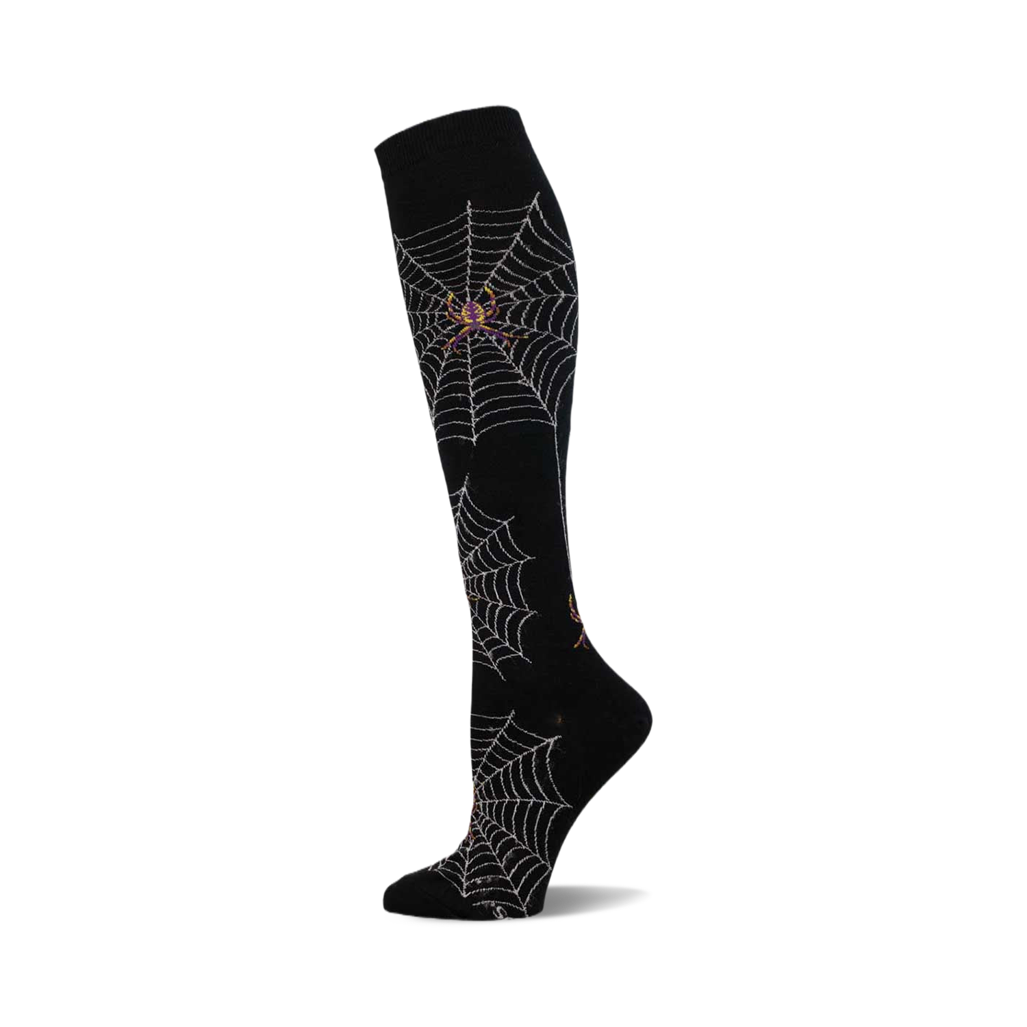 Knee-high socks in black with a silver spiderweb and spider design.  A perfect Halloween accessory!