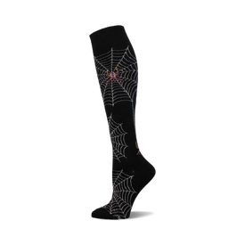 black knee-high sock with a spider web and spider design.