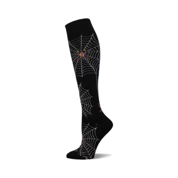 black knee-high sock with a spider web and spider design.