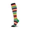 Knee-high sock in a serape pattern. The colors are predominantly green, red, orange, and black stripes with smaller yellow and blue details.