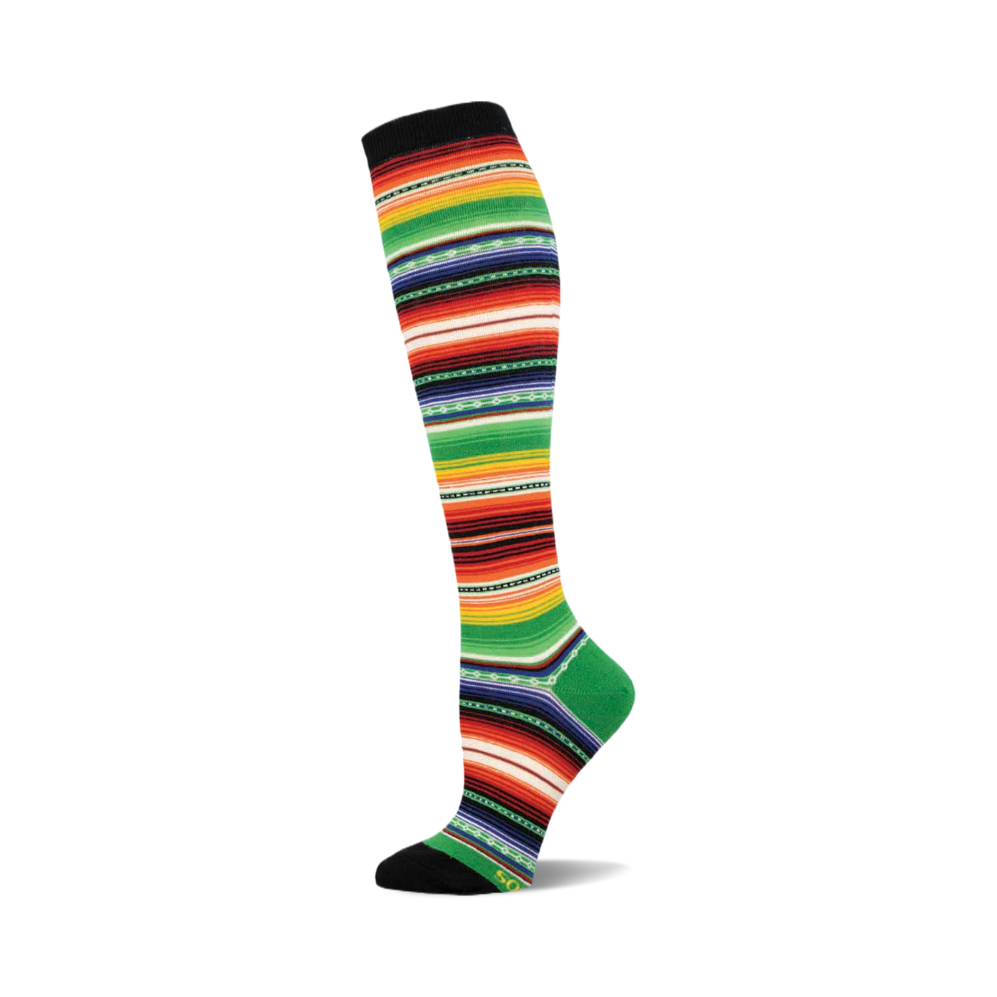 Knee-high sock in a serape pattern. The colors are predominantly green, red, orange, and black stripes with smaller yellow and blue details.