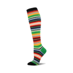 Knee-high sock in a serape pattern. The colors are predominantly green, red, orange, and black stripes with smaller yellow and blue details.