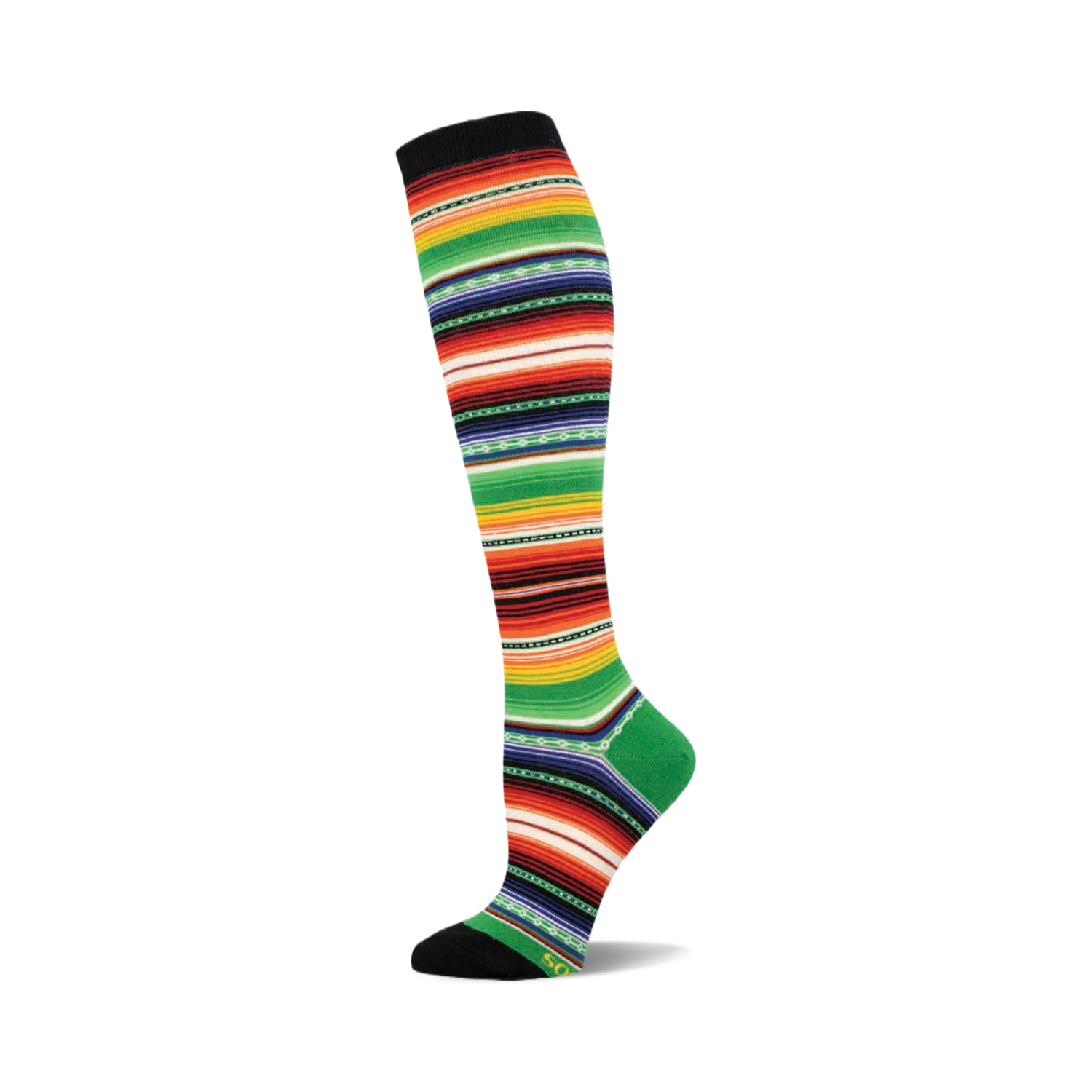 Knee-high sock in a serape pattern. The colors are predominantly green, red, orange, and black stripes with smaller yellow and blue details.