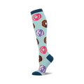 Knee-high socks in teal and pastel blue, adorned with a pattern of colorful donuts in pink, purple, and chocolate.