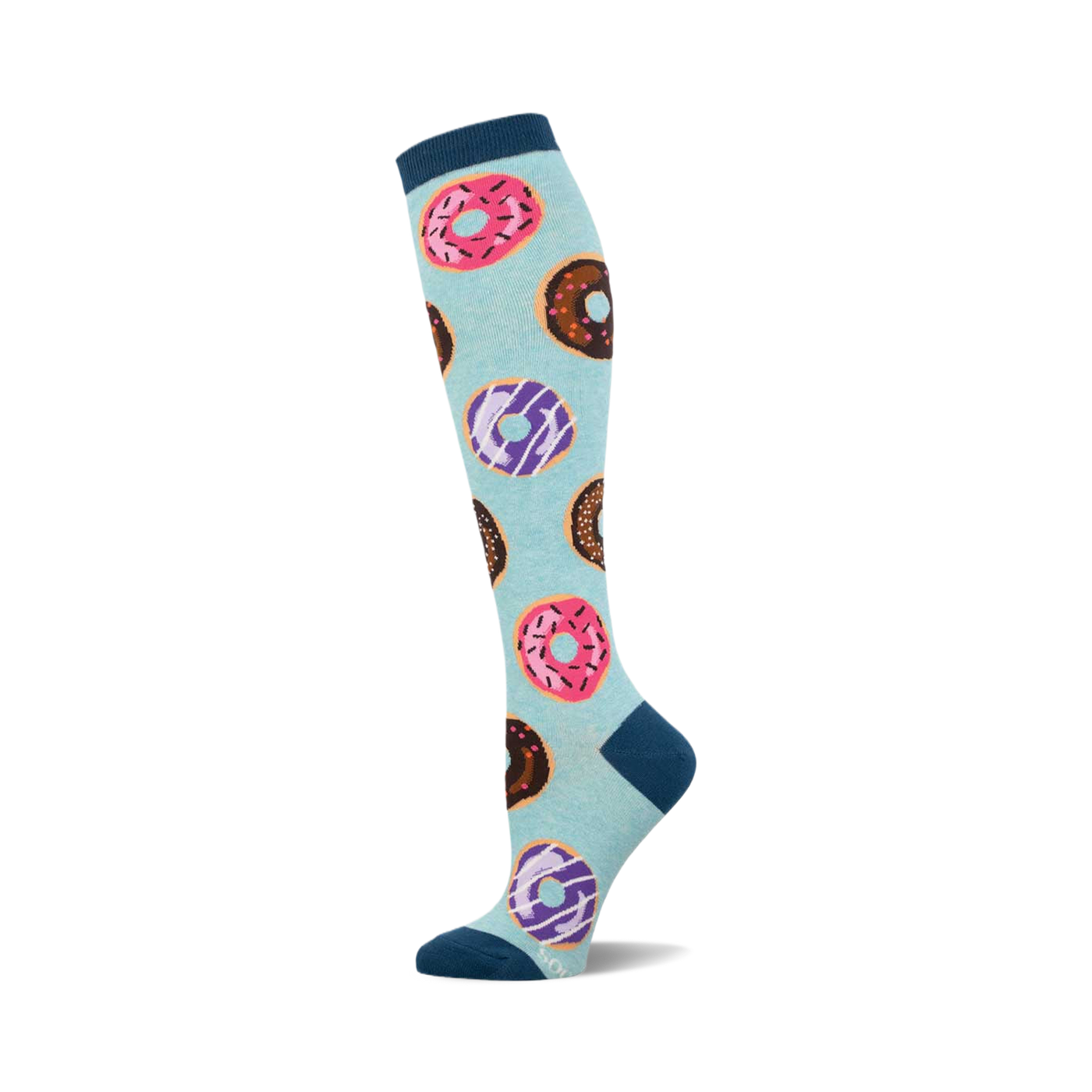 Knee-high socks in teal and pastel blue, adorned with a pattern of colorful donuts in pink, purple, and chocolate.