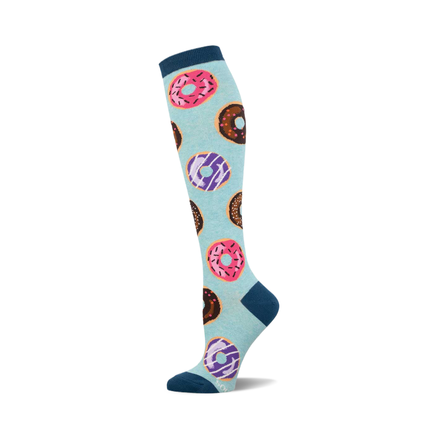 Knee-high socks in teal and pastel blue, adorned with a pattern of colorful donuts in pink, purple, and chocolate.