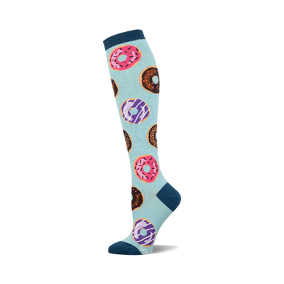 a single blue knee-high sock with a donut pattern.  the sock is blue with a white donut pattern, pink donuts, purple donuts, and brown donuts with sprinkles on a blue background. the sock is on a white background.