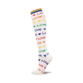 White knee-high sock with rainbow 'LOVE' text, colorful hearts, and a rainbow striped cuff. Shown on a white background.